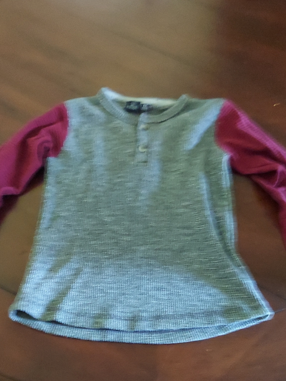 Kids Long Sleeve Waffle Henley Shirt - Gray Body with Pink Sleeves